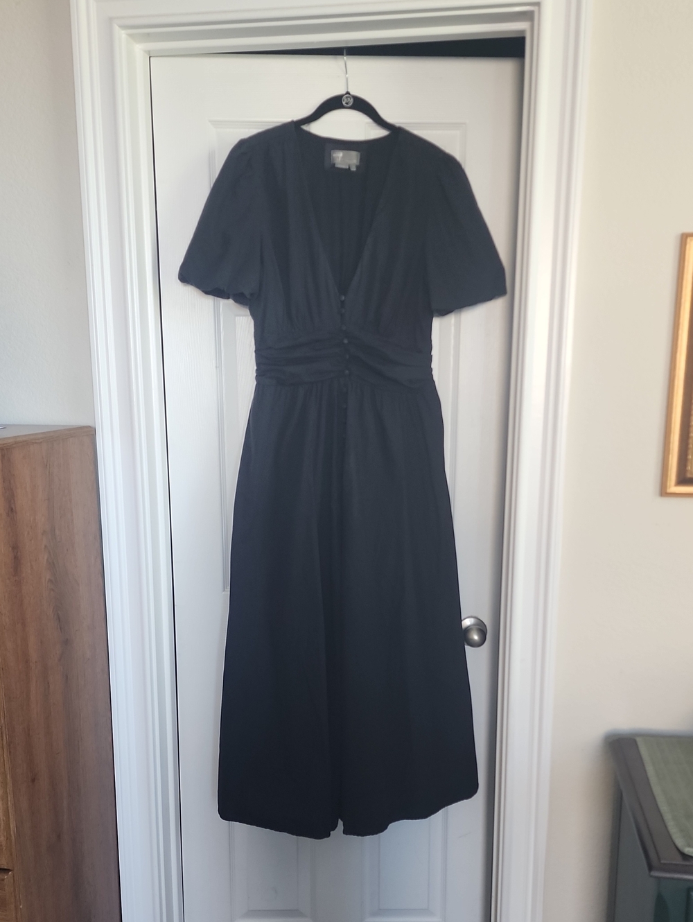 Anthropologie Katerina Black Midi Dress with Puff Sleeves L